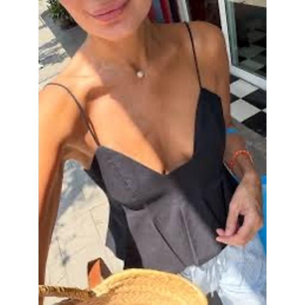 Zara Black Peplum Camisole Top Spaghetti Strap Flare Hem Size Large